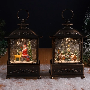 Vintage Christmas lantern with swirling glitter snow and warm LED light, holiday decor