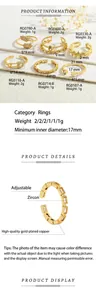 Detail of adjustable gold-plated copper rings with micro-set zircon and assorted designs