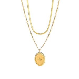 Double-layered gold necklace with starburst oval pendant and snake chain style
