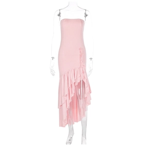 Detail of pink strapless slim fit dress with layered ruffles and asymmetric high-low hemline