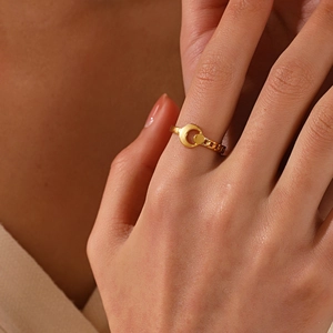 Anello luna geometrico placcato oro 18K in acciaio inossidabile, design aperto regolabile