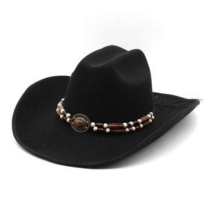 Western Cowboy Fedora Hat Wool Felt Large Brim Ethnic Beaded Belt Retro Outdoor Sunshade Men Women