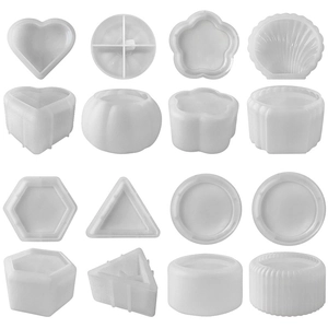 Detailed grid of sixteen white silicone molds for DIY resin casting in diverse shapes
