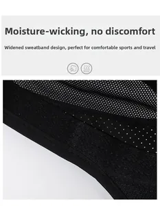 Detail of the moisture-wicking sweatband and breathable mesh on this black sport hat