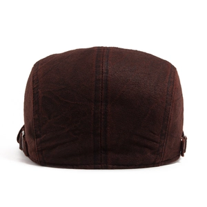 Vintage dark brown washed leather flat cap with adjustable metal side buckles