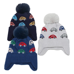 Warm kids winter knit trapper hats with cartoon car patterns and fluffy pom-poms