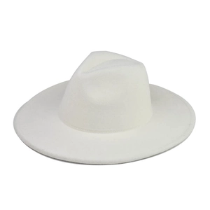 Detail of classic white wool felt fedora hat featuring a wide brim and flat top structure
