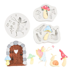 Garden fairy and mushroom silicone mold set for DIY fondant and resin cake decoration