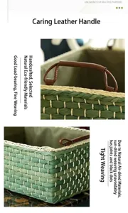 Détail d'un panier de rangement tressé avec poignées en cuir marron et coutures robustes