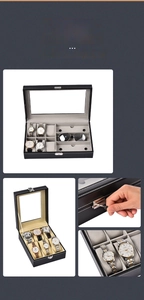 Macro detail of black PU leather watch box with white stitching and metal lock buckle
