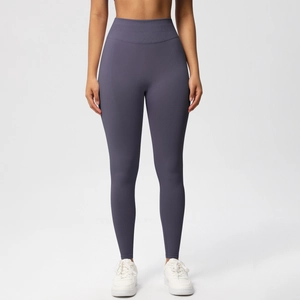 Vorderansicht der nahtlosen High-Waist-Yogahose in Graublau mit hoher Elastizität