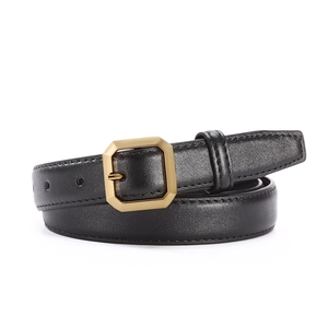 Women's black leather belt with a minimalist golden octagonal metal buckle on white background