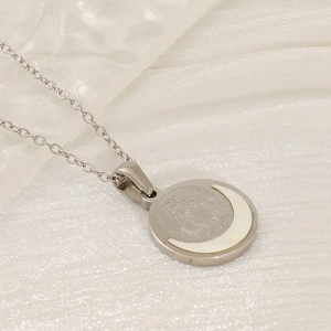 Miraculous Medal Necklace Stainless Steel And Shell Inlay Religious Saint Mary Round Coin Pendant For Women And Men