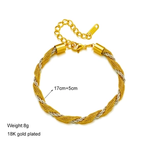 18K gold plated two-tone twisted rope bracelet in stainless steel with extension chain