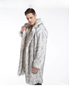 Detail of premium grey-white faux fur coat featuring a large lapel and soft plush texture