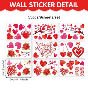 Valentine's Day heart and rose window stickers set, 9 sheets with 55 festive decals