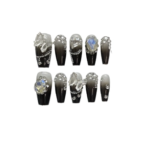 Handmade press-on nails with black-white gradient, crystal butterflies and rhinestones