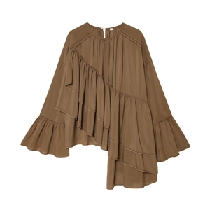 Women's brown chiffon blouse featuring long flared sleeves and asymmetrical layered ruffles