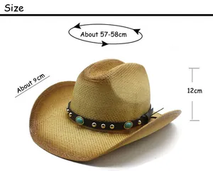 Size chart showing 57-58cm head circumference for straw cowboy hat with turquoise band