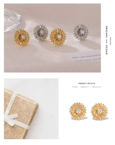 Close-up of sunflower earrings with cubic zirconia in gold and silver plating