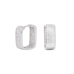 Detailed close-up of square S925 sterling silver hoop earrings with pavé cubic zirconia