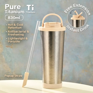 Detail of 830ml titanium vacuum flask with portable handle and pop-up straw structure