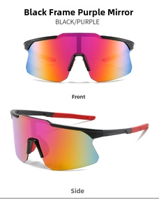 Front and side view of black-red cycling sunglasses with purple mercury coating
