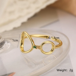 Detailed view of adjustable gold-plated ring with green zircon and size dimensions
