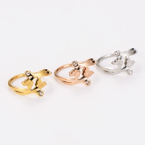Polished stainless steel double butterfly rings with sparkling zircon in gold, rose gold, silver