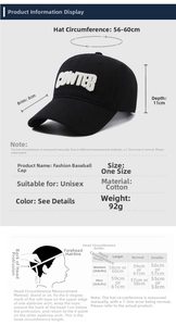 Size guide for cotton baseball cap showing 8cm brim depth and 56-60cm circumference