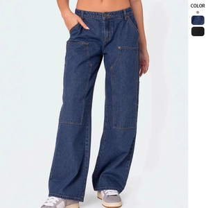 Jean Cargo Pour Femme Denim Jambe Large Double Genou Multi Poches Rivets Streetwear Rétro Pantalon Droit