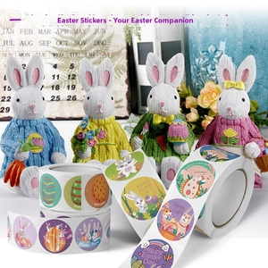 Detailed close-up of Happy Easter round stickers with cartoon rabbits and colorful eggs