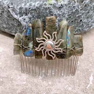 Handmade bohemian hair comb featuring natural blue labradorite stones and sun charm