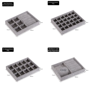 Grey velvet jewelry tray set with 4 styles including ring slots and necklace hooks