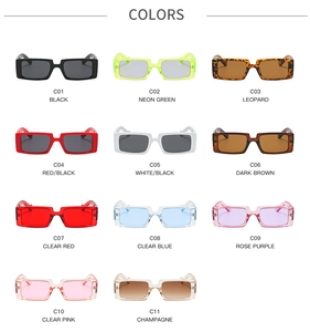 Collection of rectangular sunglasses in eleven vibrant colors on a white background