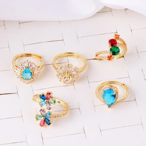 Flower Colorful Cubic Zirconia Adjustable Open Ring Brass Gold Plated Pear Cut Water Drop Exaggerated Trendy Jewelry