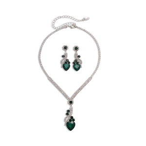 Silver jewelry set with green heart crystals and diamonds including necklace and earrings