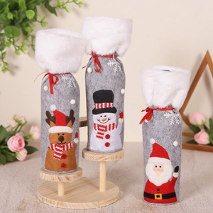 Christmas Wine Bottle Covers Felt Faux Fur Santa Snowman Reindeer Applique Holiday Dinner Table Decor Drawstring