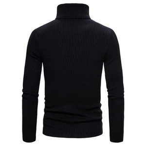 Detail back view of a slim fit black turtleneck sweater showing ribbed knit texture