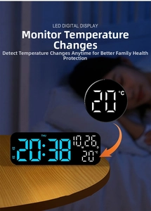 Detailed LED display showing time, date, and temperature on a modern black digital clock