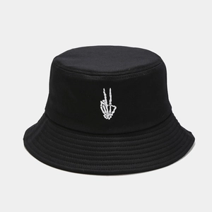 Streetwear black cotton bucket hat with white skeleton hand gesture embroidery detail