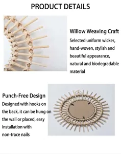 Detail of handcrafted rattan weaving and sturdy back hook for round sunburst mirror