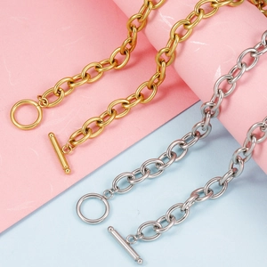 Stainless Steel Chain Necklace 18K Gold Plated Mirror Polished OT Buckle Toggle Closure Thick O Chain Fashion Punk Jewelry