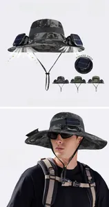 Detail of outdoor sun hat featuring built-in dual solar powered fans and camo pattern