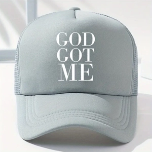 Close-up of God Got Me print on light grey mesh trucker hat with foam front panel