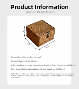 Detail of square seagrass storage box with lid showing dimensions for small, medium, and large