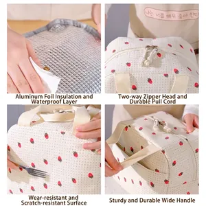 Portable corduroy lunch bag with strawberry dots, foil insulation, and sturdy handles