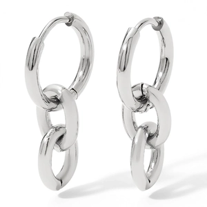 Polished silver chain link drop earrings with circular hoop and stainless steel finish