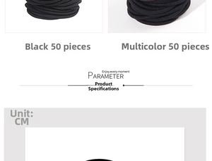 Detailed close-up showing 50 pieces of high-elastic black and colorful hair ties in a pack