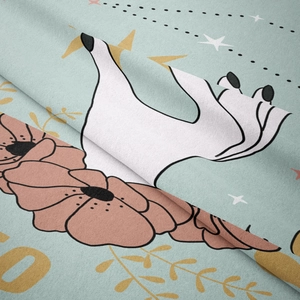 Macro detail of soft light blue bohemian tapestry with white alpaca and golden stars